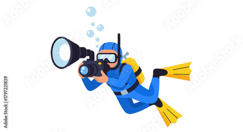 Underwater Photographer Capturing Oceanic Wonders With Unique Dive Gear Illustration