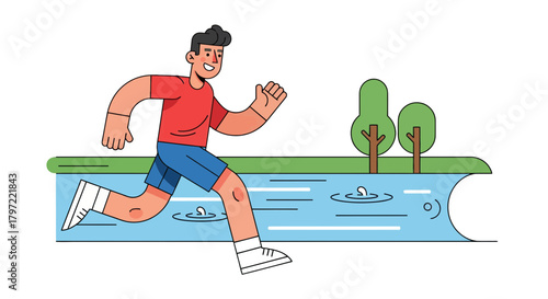 Vibrant Illustrated Runner Alongside Tranquil Water and Environs In Dynamic Stride
