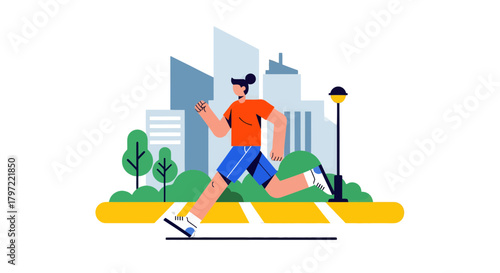 Urban Athlete Engaging In Energetic Running Past Modern Buildings And Trees