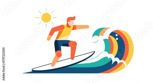 Vibrant Surfer Riding a Colorful Wave on the Water with the Bright Sun