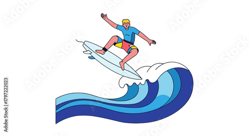 Vibrant Surfer Riding a Big Wave Under a Clear Sky in Colorful Illustration Design