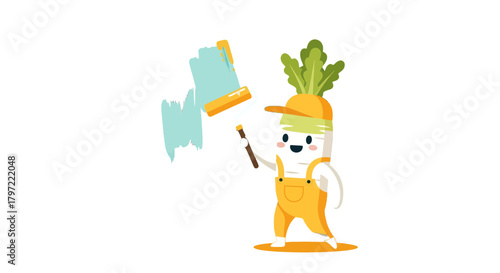 Vegetable Character Uses Paint Roller To Create Abstract Art On Canvas Surface