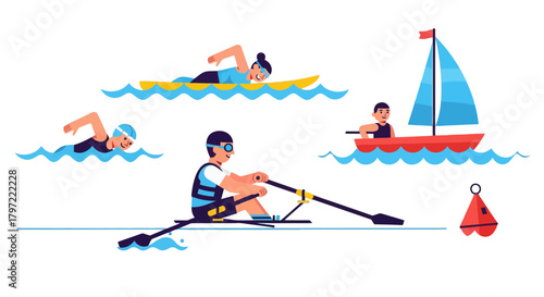 Water Sport Activities: Swimming, Rowing, Sailing, and Kayaking Illustration