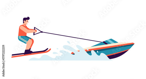 Water Sports Enthusiast Enjoying Waterskiing Behind Vividly Illustrated Speedboat Activity