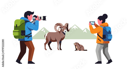 Wildlife Photographers Capture Mountain Goat and Prairie Dog Amidst Scenic Landscape