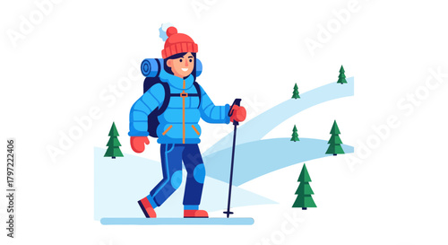 Winter Adventure: An Animated Illustration of Hiking in Snowy Mountain Scenery