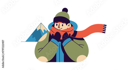 Winter Adventure: Cold Weather Illustration of Person with Mountain Background Design