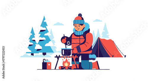 Winter Camping Adventure: A Cozy Scene of Cooking by a Campfire at a Snowy Site