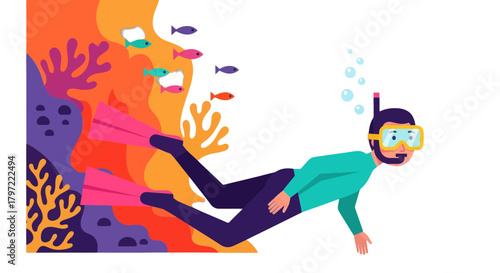 Vibrant Diver Exploring Undersea Realm Within Colorful Coral Reef Illustration