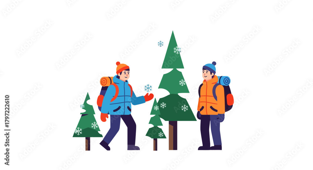 Fototapeta premium Winter Journey: Adventurers Enjoying Forest Scene Amongst Snowflakes and Fir Trees