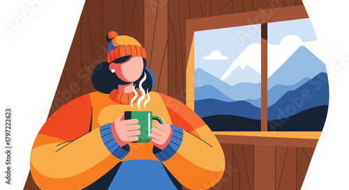 Winter Retreat: Enjoying Hot Drink With Mountain View Inside A Cozy Cabin