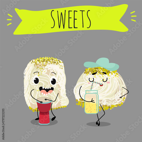 Funny Characters Turkish Halva confection, cubes with pistachio nut, layered chocolate tahini oriental dessert, hand drawn vector illustration.