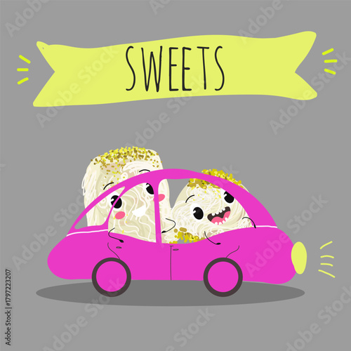 Funny Characters Turkish Halva confection, cubes with pistachio nut, layered chocolate tahini oriental dessert, hand drawn vector illustration.