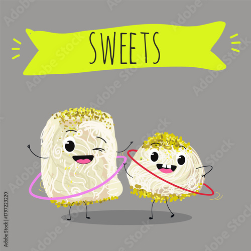 Funny Characters Turkish Halva confection, cubes with pistachio nut, layered chocolate tahini oriental dessert, hand drawn vector illustration.