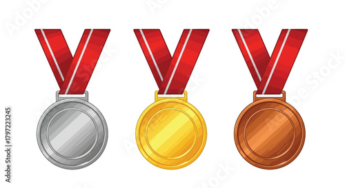 Three metallic award medals gold silver and bronze displayed