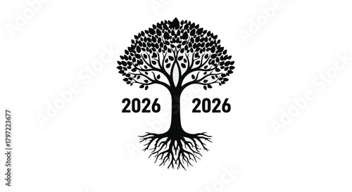 Happy new year 2026: tree of life illustration, new beginnings silhouette