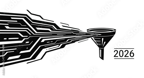 Data stream flowing into a funnel with the year 2026, symbolizing future trends and analysis.