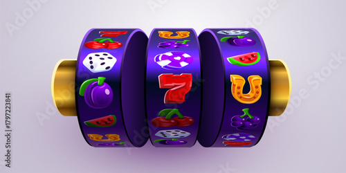 Shiny slot machine reels with traditional fruit and casino symbols, portraying luck and chance. Vector illustration.