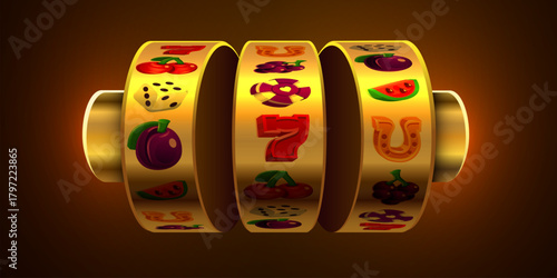 Shiny golden slot machine reels with traditional fruit and casino symbols, portraying luck and chance. Vector illustration.