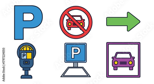 Parking restrictions payment meters and spaces a collection of icons