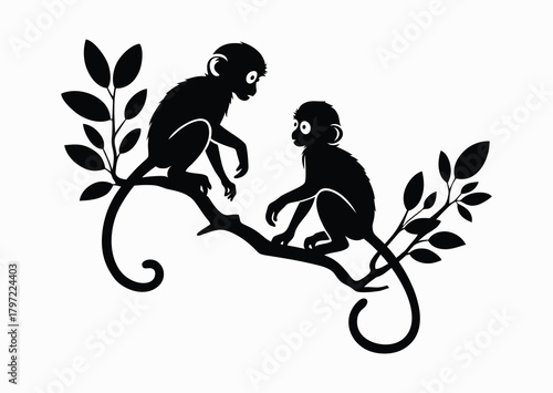 Pair of Saimiri squirrel monkeys sit on tree branch