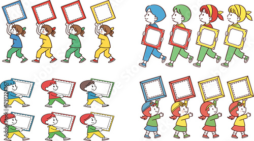 Kids Carrying Blank Frames – Walking Boys & Girls with Copy Space (Vector)
