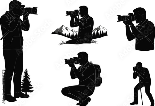 Silhouette photographers with DSLR cameras capturing outdoor nature scenes, wildlife, and landscapes, professional photography illustration for creative design projects