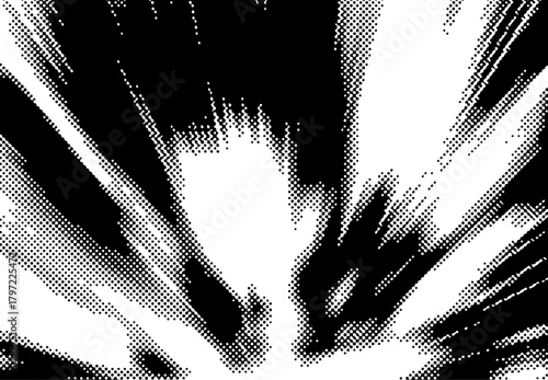 Grunge pop art style background with halftone effect for comic book or manga. Vector image of massive burts with rays or explosion effect.