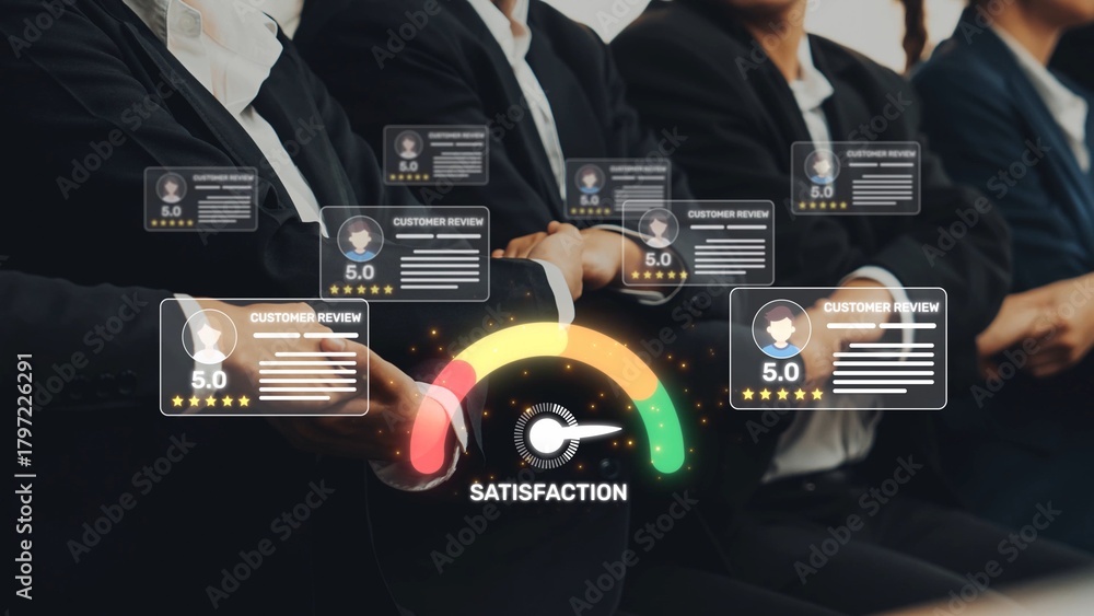Obraz premium A business team is seen aligned with visual graphics depicting high customer satisfaction ratings, showcasing the significance of feedback in performance improvement and teamwork. Raster