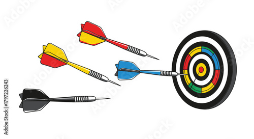 Colorful darts hitting a target with concentric rings aiming for success