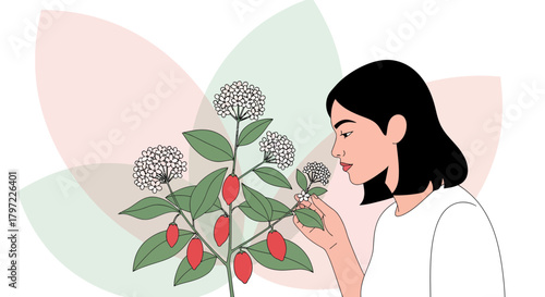 Woman Appreciates Botanical Beauty, Admiring Blossoms, Finding Peace In Nature's Embrace