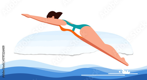 Woman Diving Gracefully Into The Blue Waters: A Vibrant Vector Illustration