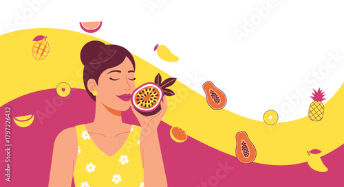 Woman Appreciates Passion Fruit Surrounded by Colorful Fruits with Joyful Vibe