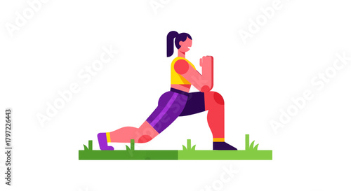 Woman Does Exercise On Green Grass With A Modern Flat Design Style Background