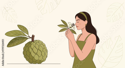 Woman Appreciates The Aroma of a Blossoming Flower Near a Green Tropical Fruit