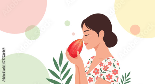 Woman Appreciating Aroma Of Exotic Fruit And Floral Patterned Dress Illustration