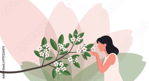 Woman Appreciating Delicate Flowers With Soft Tones of Pink and Green in Peaceful Setting