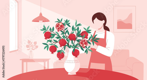 Woman Arranging a Pomegranate Arrangement, Interior Design and Home Decor Concept Image