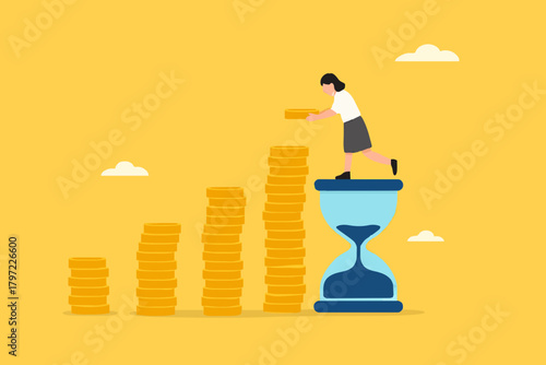 long term investment concept, Growth Earning From Compound Interest In Long Term Investing, businesswoman makes financial growth graph by stacking gold coins on top of hourglass vector illustration