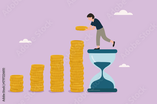 long term investment concept, Growth Earning From Compound Interest In Long Term Investing, businesswoman makes financial growth graph by stacking gold coins on top of hourglass vector illustration