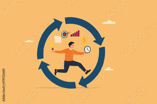 habitual procedures leading to business or career success, discipline or working efficiency, businesswoman carry out work with a circle of good work habit