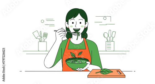 Woman Enjoying Delicious Healthy Vegetable Meal Freshly Prepared At Home Illustration
