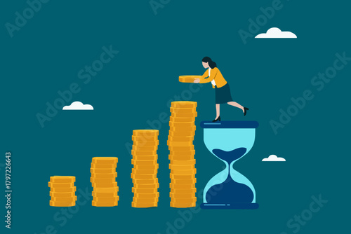 long term investment concept, Growth Earning From Compound Interest In Long Term Investing, businesswoman makes financial growth graph by stacking gold coins on top of hourglass vector illustration