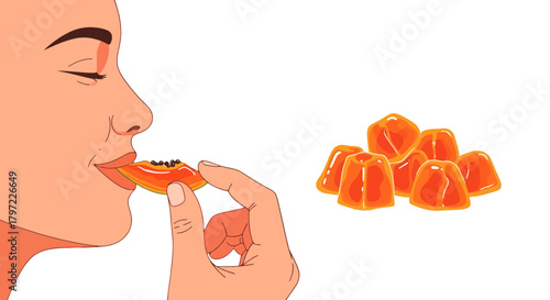 Woman Enjoying Delicious Papaya Slice With Gummy Treats On Black Background