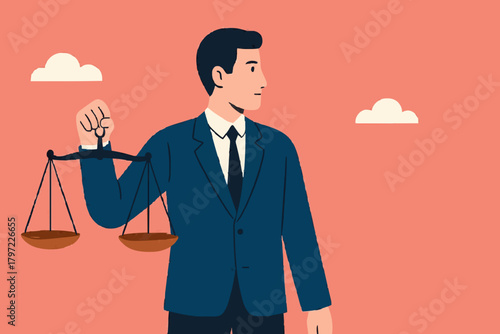 Balance of principles. businessman with briefcase carries scales in his hands, justice and honesty. Strong personality, mental attitudes. Entrepreneur and business ethics. Cartoon flat illustration