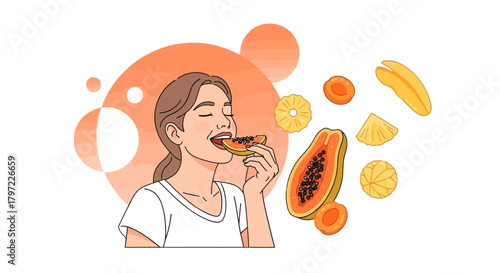 Woman Enjoying Delicious Tropical Fruits: A Healthy Lifestyle Illustration