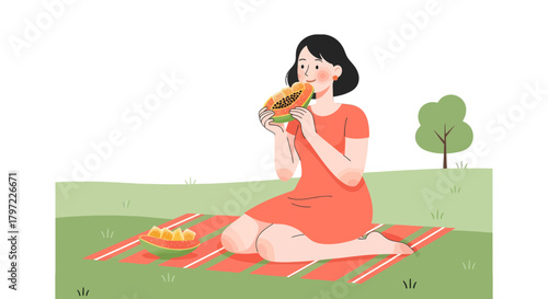 Woman Enjoying Papaya Slice Relaxing on Picnic Blanket in Sunny Afternoon