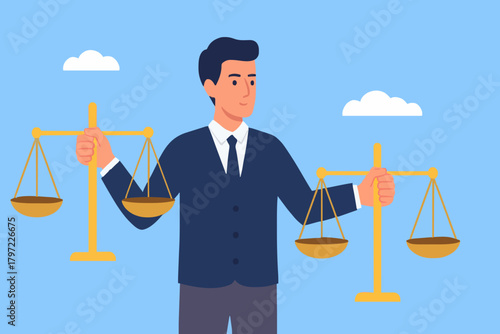 Balance of principles. businessman with briefcase carries scales in his hands, justice and honesty. Strong personality, mental attitudes. Entrepreneur and business ethics. Cartoon flat illustration