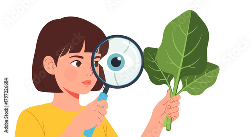 Woman Examining Spinach Leaf Through Magnifying Glass Depicting Eye Health And Nutrition