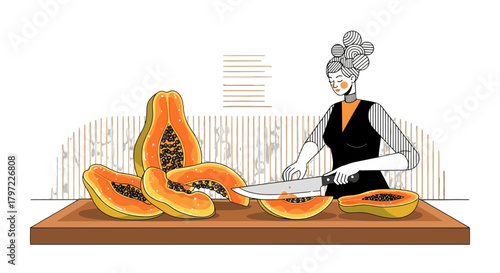 Woman Expertly Slicing Papaya Fruit on a Wooden Surface in an Artistic Style